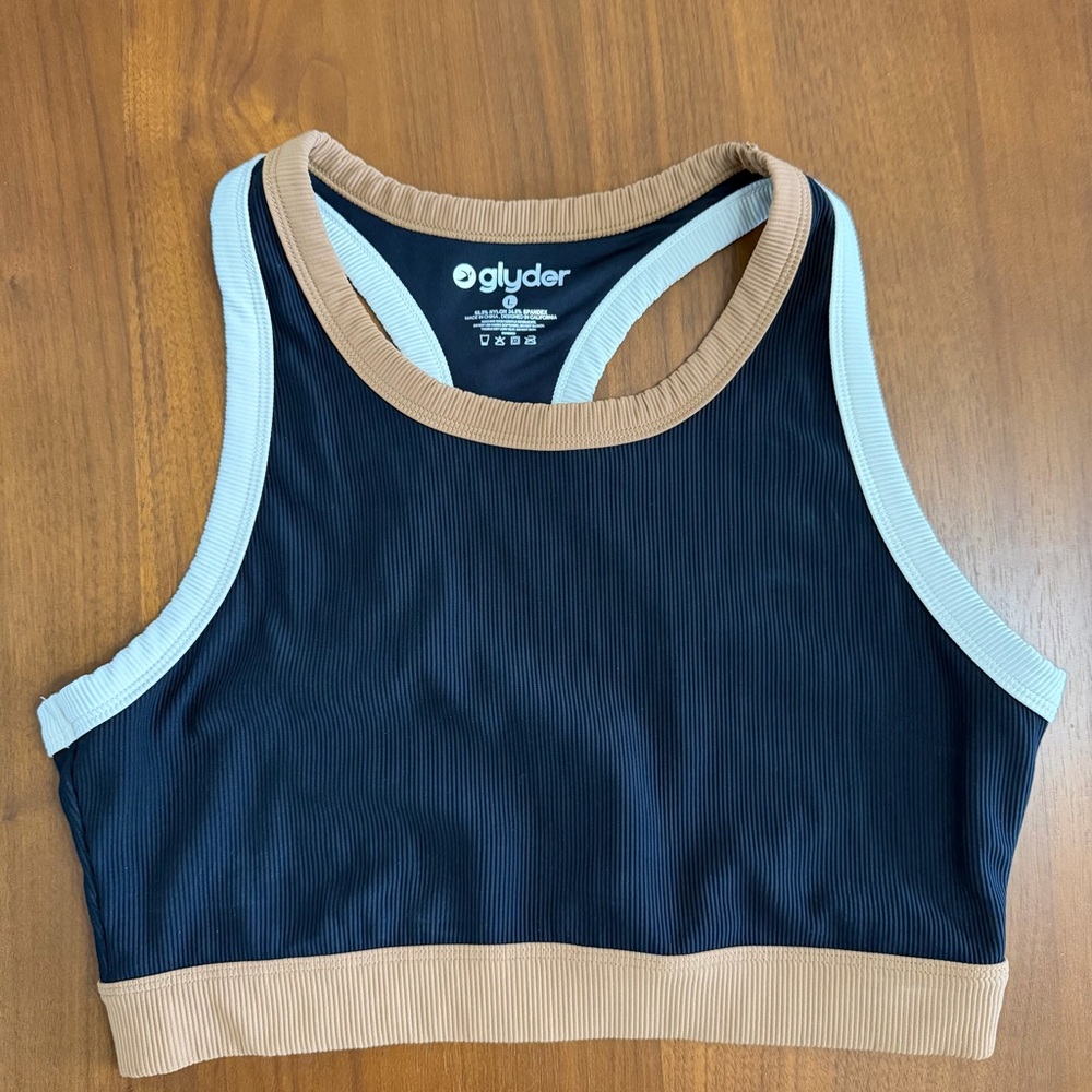 Glyder Navy Sports Bra with Tan and White Trim Size Large